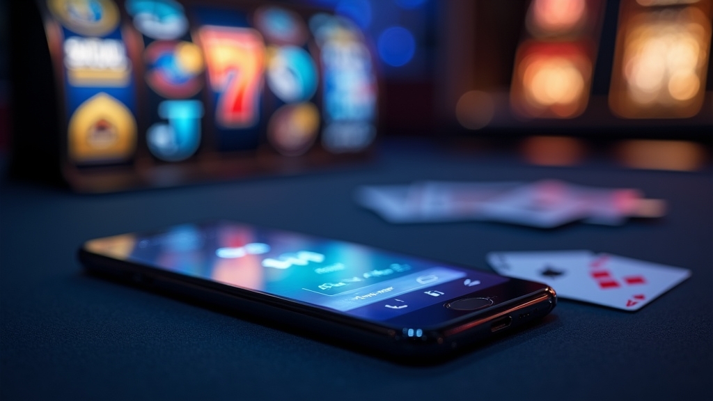 Smartphone showing Android and iPhone app access options in a dark casino setting.