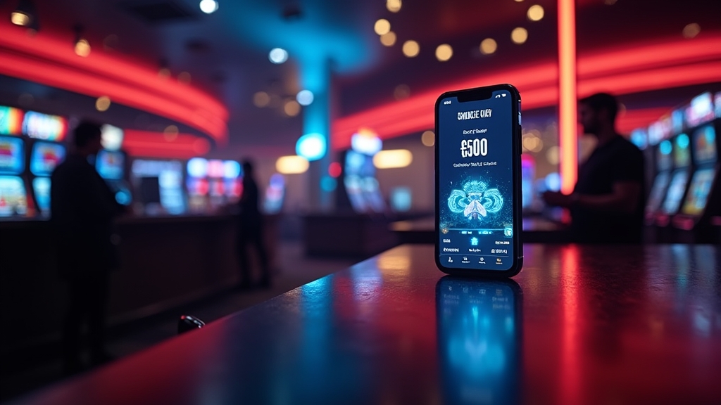Casino player viewing a promo code on a smartphone in a dark casino