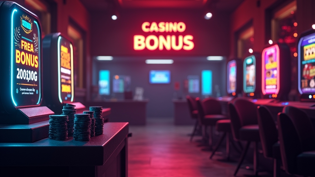 Casino lobby with glowing bonus banners and a promo-code panel