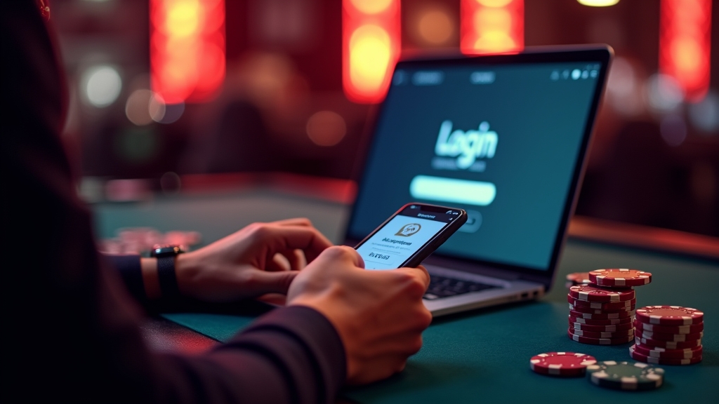 Player preparing to log into the casino app on a smartphone in a dark lounge.