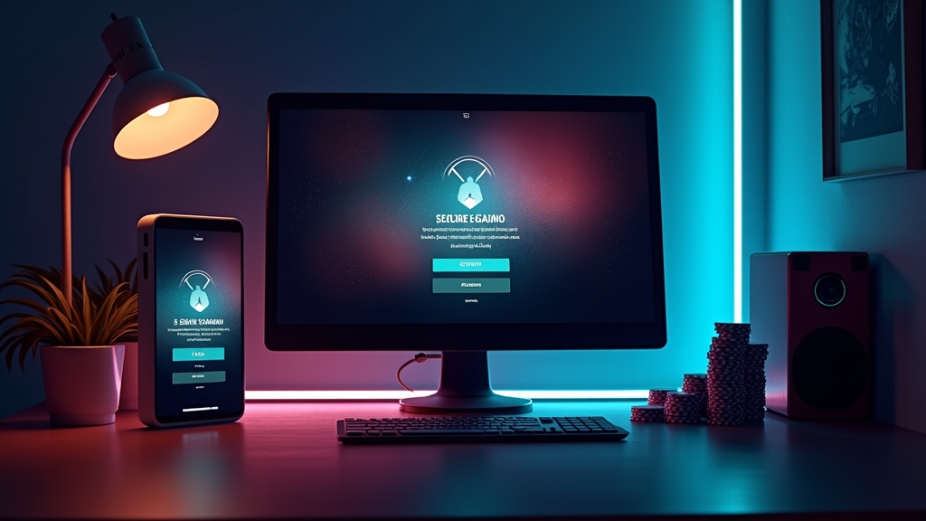 Casino login screen shown on a smartphone and desktop monitor in a dark setting.